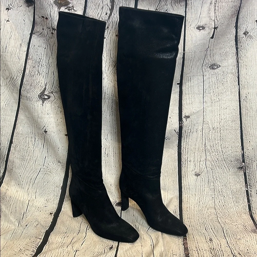 Tamara Mellon Black Over the Knee Pull On Heel Boots Size 38.5